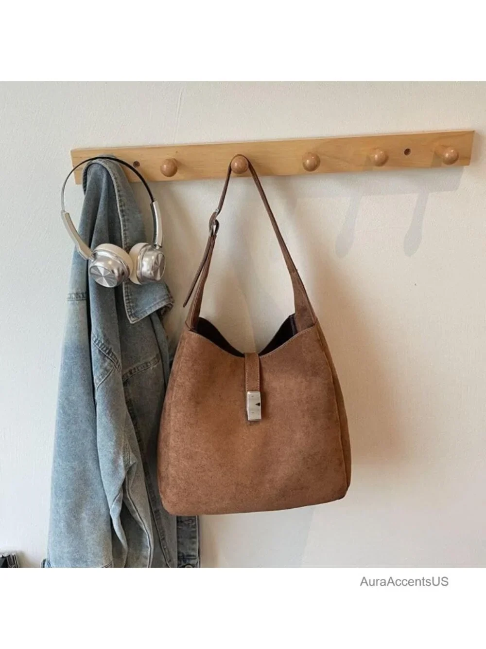 Vintage Faux Suede Slouchy Hobo Shoulder Bag with Zippered Pouch, Adjustable
